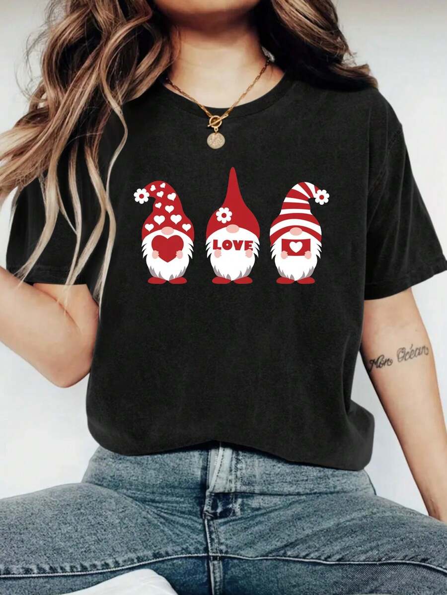 1 Pack 200gsm Crew Neck Happy Valentine's Day Print T-Shirt For Women - Round Neck Casual Knit Polyester Fabric - Lightweight & Breathable T Shirt For All Seasons - Black - View 1