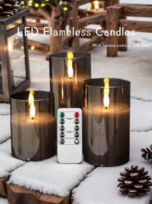 3pcs Battery Operated LED Flameless Candles, Plastic Wax Pillar Candles With Remote Control And Timer, Battery Powered Candles (Grey) - Grey - View 2
