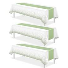 1/3pcs White And Green Tablecloth Decor Set, Plastic White Tablecloth, Printed Green Table Runner, Disposable Rectangular Tablecloth, Suitable For Birthday, Wedding, Anniversary, Graduation Party, 54 X 108 Inches - Multicolor - View 2