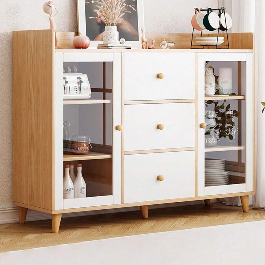 Alacenas para Cocina,Comedor alacena con Puerta de Vidrio Templado,Corredor Moderno alacena,Muebles para Sala de Estar,Dormitorio,Comedor para Cocina Color Roble amarillo140*30 * 80cm - 1 - Ver 1