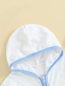Mono informal de verano para niñas pequeñas, de manga corta, con cremallera y capucha de color en contraste - Azul - Ver 4