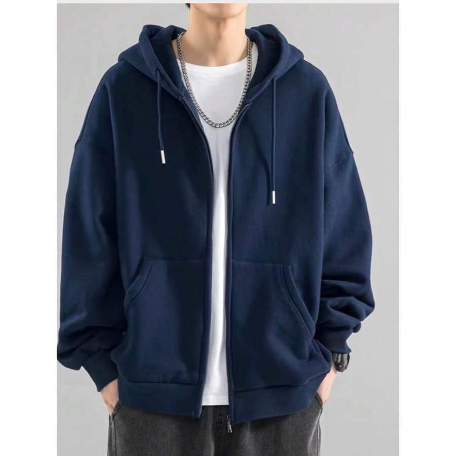 Sweatshirt Open Blouse With Zipper And Hood Cold Winter Plain Coat - Màu xanh hải quân - Xem 1