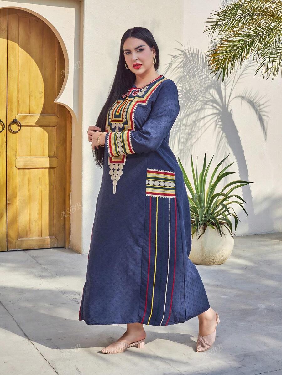 Embroidery Colorful Golden Elegant Arabic Women's Long Sleeve Dress