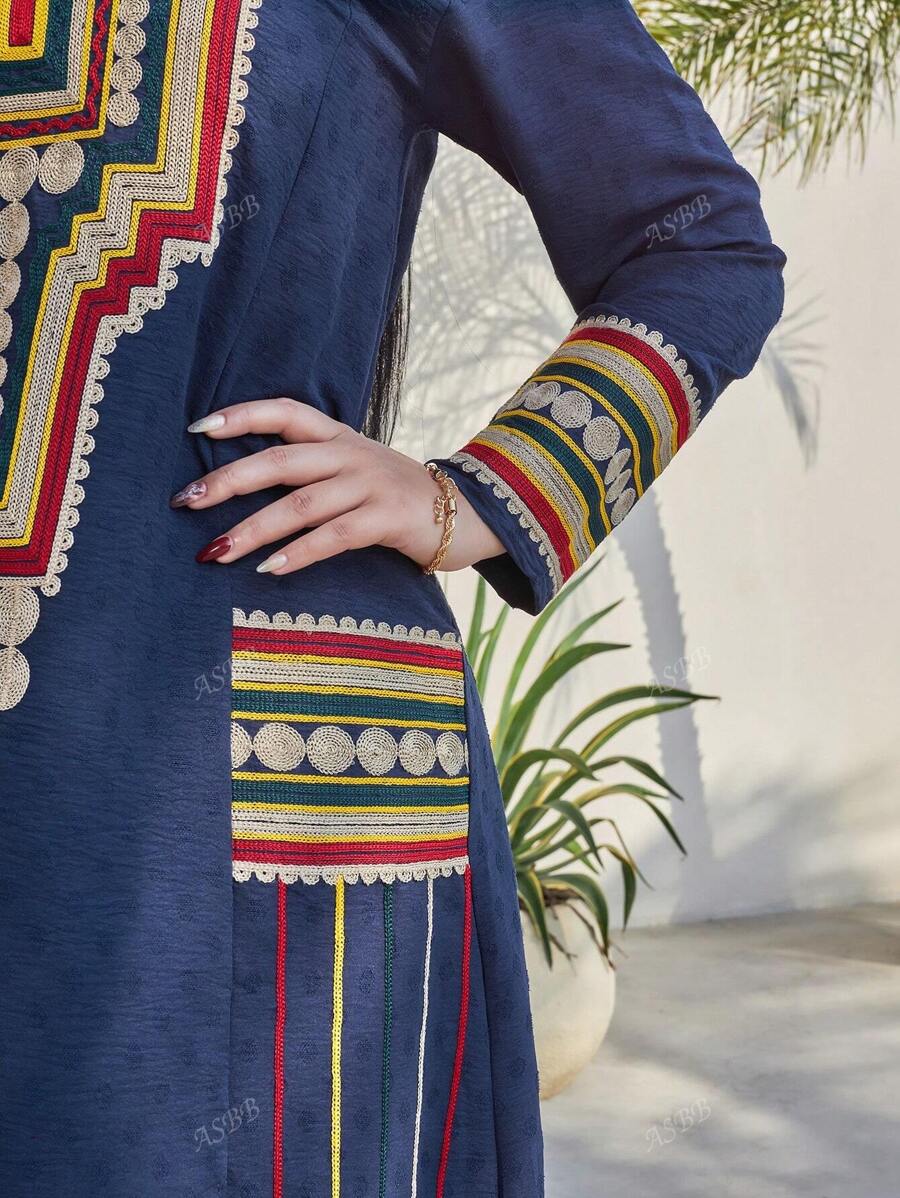 Embroidery Colorful Golden Elegant Arabic Women's Long Sleeve Dress