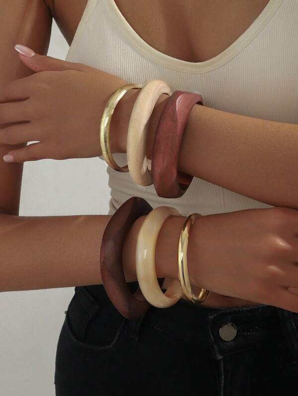 3pcs Fashionable Vintage Creative Geometric Wooden Resin Metal Bracelet Set, Suitable For Women Daily Casual/Party Wear