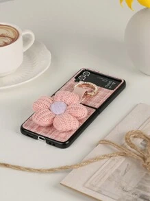 1pc Plaid Knitted Fabric Fashion Rhinestone Flower Ring Foldable Phone Case Compatible With Samsung Galaxy Z Flip3 5G, Galaxy Z Flip4 5G, Galaxy Z Flip5 5G, Galaxy Z Flip6 5G