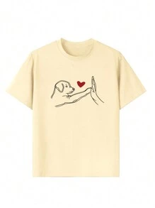 3pcs/Set Girls' Casual Printed Round Neck Short Sleeve T-Shirt, Suitable For Summer Students And Kids - Main Image Features Heart, Puppy High Five, Colorful T-Shirt Brings Joy To Every Child! Girls' Graphic Tee Tops For Summer - Apricot - View 3