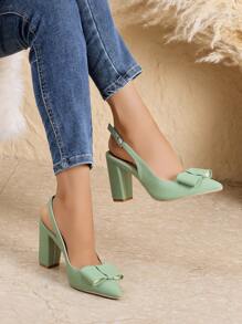 秋冬季浅绿色尖头高跟鞋，踝带设计；春夏粗跟鞋；女士蝴蝶扣凉鞋；优雅派对鞋 - 綠色 - 查看 1