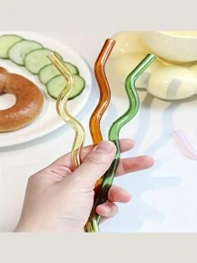 5pcs Wavy Glass Straws With 1 Cleaning Brush,Reusable Colorful Glass Straws,With 1 Cleaning Brush,Party Straws,Heat Resistant,Very Suitable For Slush, Tea, Coffee,Juice And Cocktails, Holiday Party Wedding Cocktail Bar Beach, Kitchen Utensils, Party Supplies, 20cm/7.8inch, For Outdoor, Camping