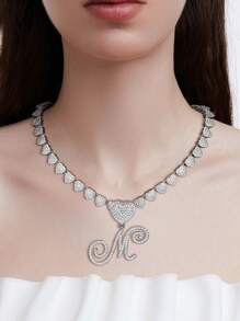 Collares con colgante inicial Cadena de Miami con colgante de letra para mujeres Joyería de estilo Hip Hop con cadena de letras con piedras engarzadas como regalo - Plateado - Ver 2