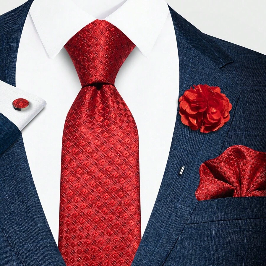 AlanKing 4 件套男士时尚提花佩斯利花纹花卉领带口袋巾和袖扣别针套装适合婚礼派对男士领带 - 混色 - 查看 1