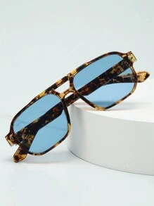 1pc Men's Classic Square Double-Bridge Minimalist Stylish Fashion Fashion Glasses, Suitable For Party, Casual, Holiday, Travel, Beach, Daily Wear - Yellow Tortoise Shell Frame With Blue Tablet - View 5