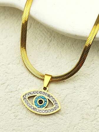 Classic Retro Crystal Devil's Eye Pendant Necklace Women's Stainless Steel Gold Silver Necklace