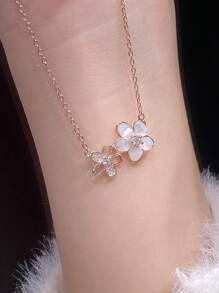 1pc Stainless Steel Sweet White Mother Of Faux Pearl & Cherry Blossom Pendant Necklace For Women