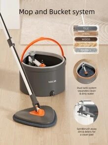 VEELAR Sistema de fregona y cubo True Clean, que incluye fregona giratoria, cubo de fregona de compartimento dual y 2 almohadillas de fregona lavables a máquina (Fregona giratoria)