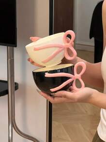 1 件公主风格女孩蝴蝶结咖啡杯，少女 3D 蝴蝶结手柄陶瓷杯，拿铁/卡布奇诺杯，早餐杯，送给女朋友/最好的朋友的生日返校礼物 - 彩色 - 查看 2