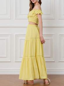 Womens Two Piece Summer Outfits Off Shoulder Frill Trim Crop Tops And Long Skirt Set Beachwear