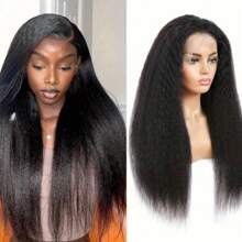 Natural Black Kinky Straight Lace Front Wig For Women 250 Density Pre-Plucked Transparent 13x4 HD Lace Closure Wig With Natural Hairline Human Hair For Valentine's Day Use