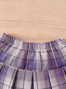 2pcs/Set Young Girl Outdoor Casual Everyday Comfortable Short Sleeve T-Shirt + Skirt Set, Spring/Summer English Letter Tee + Purple Plaid Skirt