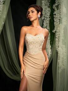 AOSHABABI Elegant Luxurious Apricot Halter Backless Formal Evening Gown (Heavily Embellished) [Exclusive Custom Beaded Fabric, Pleated Hem High Slit Fitted Design] Suitable For All Formal Occasions, Music Festivals, Galas, Weddings, Holiday Parties, Graduations, Cocktail Parties, Dates, Vacations, And Bridesmaid Dresses,Party Dress,Wedding Guest - Apricot - View 6