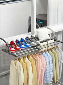 1 pièce Séchoir à linge pliable et rétractable en acier inoxydable. Charge importante. Idéal pour le balcon, le rangement. Sèche les vêtements, les chaussures, les serviettes, à l'intérieur comme à l'extérieur. Convient pour les dortoirs, les appartements de location, les familles en immeuble.