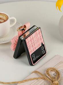 1pc Plaid Knitted Fabric Fashion Rhinestone Flower Ring Foldable Phone Case Compatible With Samsung Galaxy Z Flip3 5G, Galaxy Z Flip4 5G, Galaxy Z Flip5 5G, Galaxy Z Flip6 5G