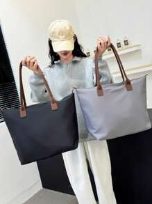 Minimalist Fashion Large Capacity Oxford Cloth Tote Bag For Women, Lightweight Versatile Shoulder Bag, Casual Handbag - Black - View 3