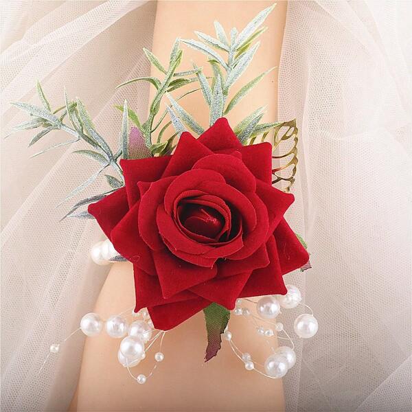 1 pièce Corsage de poignet à fleur de rose pour femme avec fleurs fraîches, décoration rouge et blanche, perles et strass, élégant pour mariage, demoiselle d'honneur, fête, port quotidien