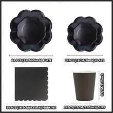 24 件黑色八角花瓣一次性纸盘和餐巾套装，派对用品适合生日、婚礼、派对、野餐