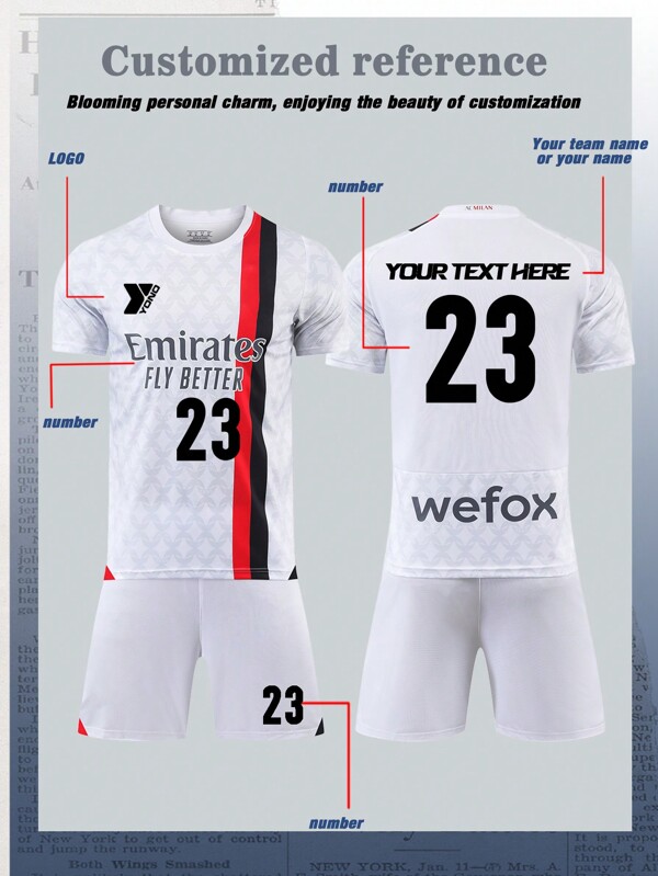 Logotipo personalizado para ropa deportiva juvenil, personalización DIY, conjuntos de fútbol personalizados estilo Milán para hombres y mujeres (13-16 años) - Conjunto personalizado de camiseta y pantalones cortos