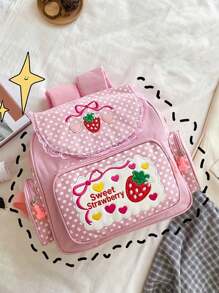 Mochila bordada con diseño de fresa, mochila rosa dulce con bordado de fresa, mochila escolar bordada con frutas y encaje para niña - Rosa - Ver 9