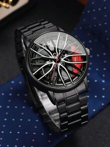 1 Set Men Creative Steel Band Wheel Rim Dial Quartz Wrist Watch + Bracelet (2pcs/Set), Watch Case Not Included
