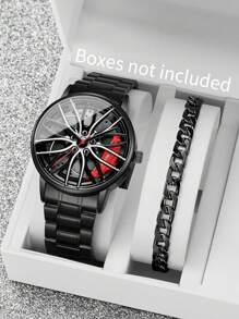 1 Set Men Creative Steel Band Wheel Rim Dial Quartz Wrist Watch + Bracelet (2pcs/Set), Watch Case Not Included