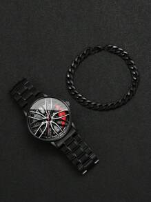 1 Set Men Creative Steel Band Wheel Rim Dial Quartz Wrist Watch + Bracelet (2pcs/Set), Watch Case Not Included