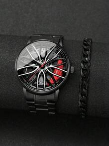 1 Set Men Creative Steel Band Wheel Rim Dial Quartz Wrist Watch + Bracelet (2pcs/Set), Watch Case Not Included