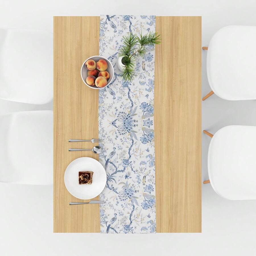 Blauer Skizzen Vogel & Blumen Sommer Tischläufer, Vintage Blau Pfau Blumen Esszimmer Tisch Dekoration, saisonale moderne Küche Esszimmer Tisch Dekoration für Zuhause & Party - Blau - Übersicht 1
