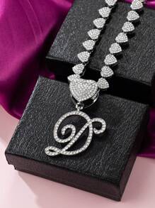 Collares con colgante inicial Cadena de Miami con colgante de letra para mujeres Joyería de estilo Hip Hop con cadena de letras con piedras engarzadas como regalo - Plateado - Ver 13