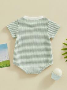 Newborn Baby Boy Girl Waffle Romper Short Sleeve Solid Striped Crewneck Bubble Oversized Bodysuit Infant Summer Outfit - 綠色 - 查看 4