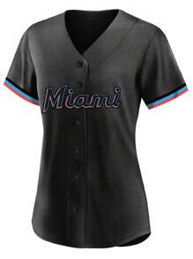 Customized Name And Number DIY Women's Embroidery Baseball Jersey Miami Black V-Neck Personalized Short Sleeve Button Down Shirts Party Games Training Competition Sports Tops S-Xxl DIY - Black - View 2