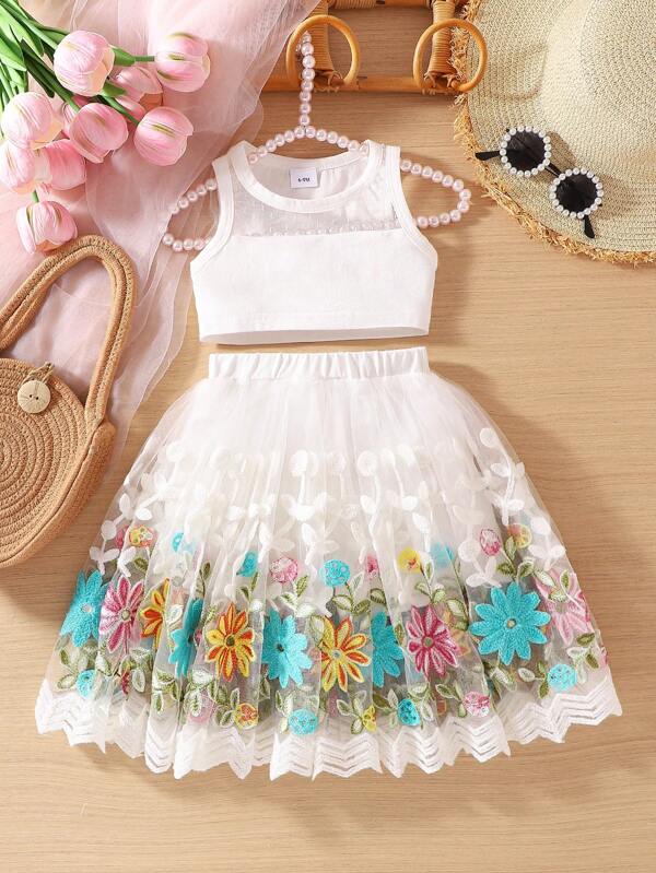 2 Teile/Set Baby Mädchen Lässig süße Polka Dot Mesh Patchwork Weste Top & schwer bestickte Blumen Mesh Patchwork Shorts Rock, Mädchen Sommer Outdoor Trägertop & Shorts Outfit