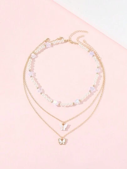 Set de 3 collares para niñas con cuentas de perlas con forma de corazón y mariposa, adecuado para decoración diaria