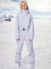 1pc Women's Solid Color Winter Outdoor One-Piece Ski Suit, Ideal Outdoor Ski Jumpsuit, Winter Women's Clothing, Taped Zipper Anti-Loss Design, Ski Suit Set With Zippered Pockets, Winter Sports Ski Suit, Sportswear, Suitable For Outdoor Activities, Winter Skiing Gear, Reinforced Structure, Functional Ski Equipment, Durable Snow Gear,Ski Clothes Women Ski Outfits