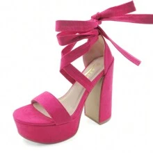 Women's Platform Sandals, Ankle Wrap Laces With Block Heel - FUCHSIA - View 1