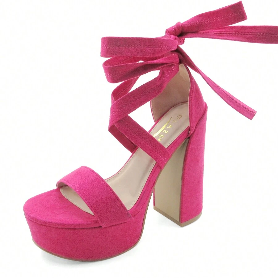 Women's Platform Sandals, Ankle Wrap Laces With Block Heel - FUCHSIA - View 1
