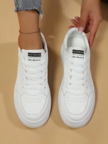 ​Women's Bright White Skate-Inspired Sneakers - Distressed Jeans Everyday Shoes For Year-Round Street Style, Pure Comfort Low-Tops​ - 白色 - 查看 5