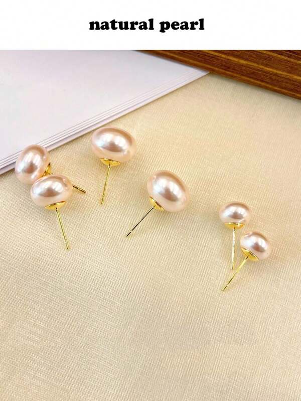 1 par de Brincos em Estilo S925 com Pérolas de Água Doce Rosas e Redondas Naturais de 7-8mm