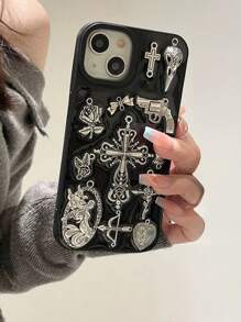 Dark Aesthetic INS Resin Cross Pendant Compatible With IPhone 15 Pro Max/14 New Version/13/12 Silicone Case, Shock-Proof Protection Cover For Couples, High-End Waterproof Anti-Fall Scratch Resistant - Silver - View 1