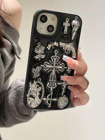 Dark Aesthetic INS Resin Cross Pendant Compatible With IPhone 15 Pro Max/14 New Version/13/12 Silicone Case, Shock-Proof Protection Cover For Couples, High-End Waterproof Anti-Fall Scratch Resistant