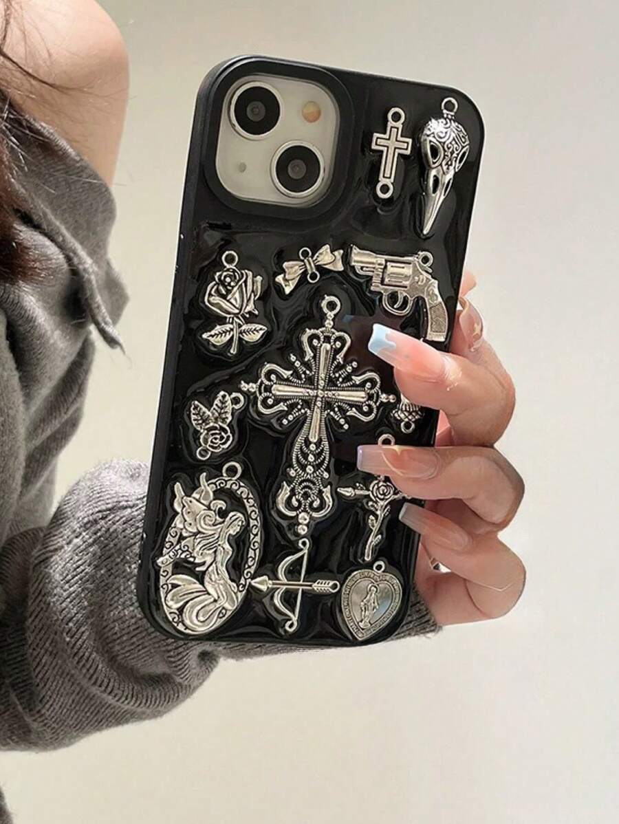 Dark Aesthetic INS Resin Cross Pendant Compatible With IPhone 15 Pro Max/14 New Version/13/12 Silicone Case, Shock-Proof Protection Cover For Couples, High-End Waterproof Anti-Fall Scratch Resistant - Silver - View 1