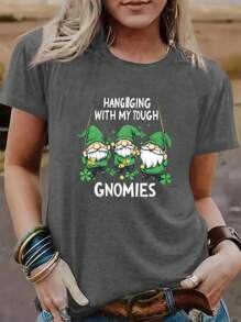 1 Piece, 200g St. Patrick's Day Print Crew Neck T-Shirt - Fashionable Graphic Print T-Shirt For Women - Casual Short Sleeve Crew Neck Top - Lightweight & Breathable For All Seasons Wardrobe, Polyester - 深灰色 - 查看 1